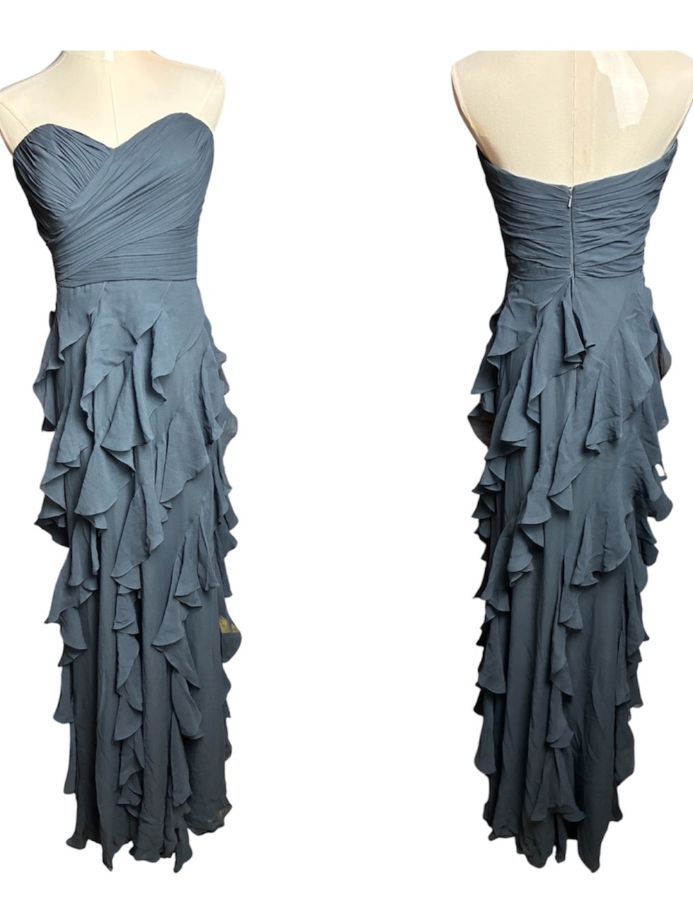 Badgley Mischka SILK Strapless Ruffled Evening Gown in Slate Blue